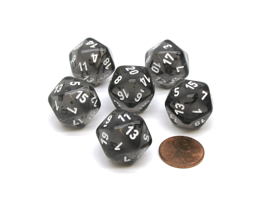 Translucent 20mm 20 Sided D20 Chessex Dice, 6 Pieces - Smoke with White Numbers
