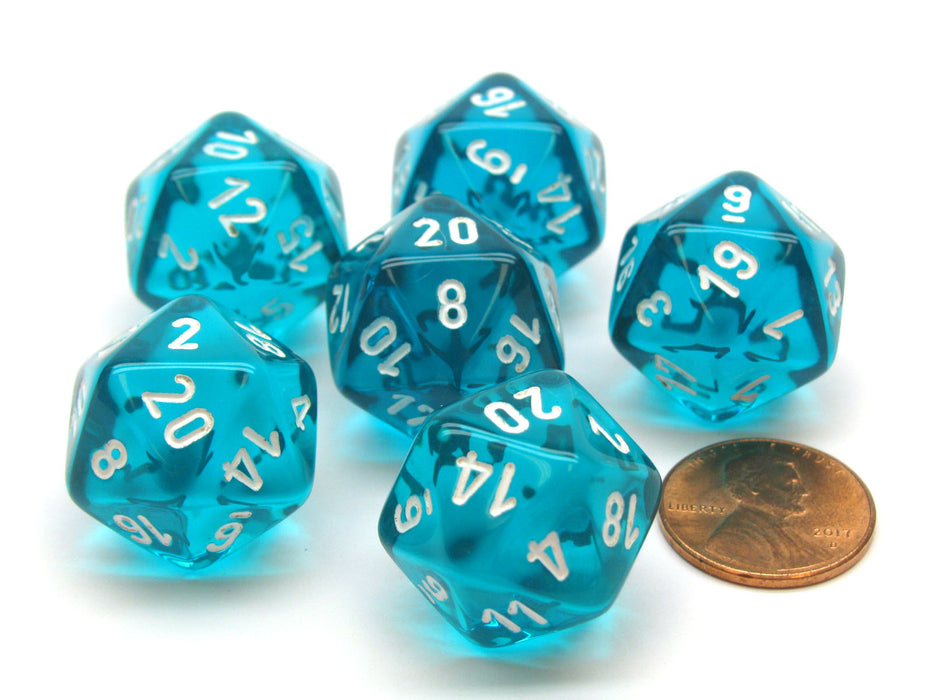 Translucent 20mm 20 Sided D20 Chessex Dice, 6 Pieces - Teal with White Numbers