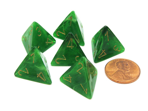Vortex 18mm 4 Sided D4 Chessex Dice, 6 Pieces - Green with Gold