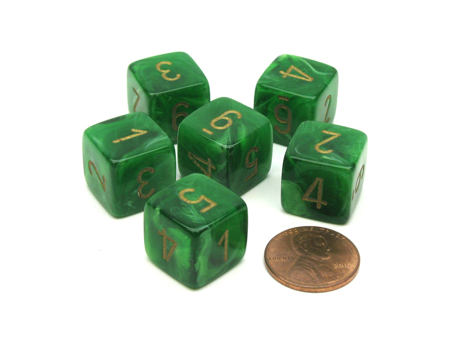 Vortex 15mm D6 Polyhedral Chessex Dice, 6 Pieces - Green with Gold Numbers