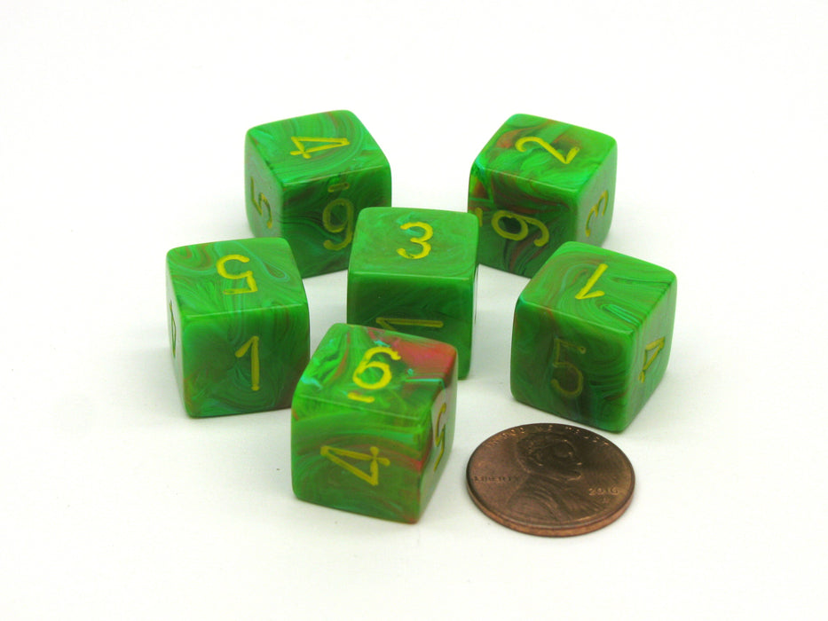 Vortex 15mm 6 Sided D6 Chessex Dice, 6 Pieces - Slime with Yellow Numbers