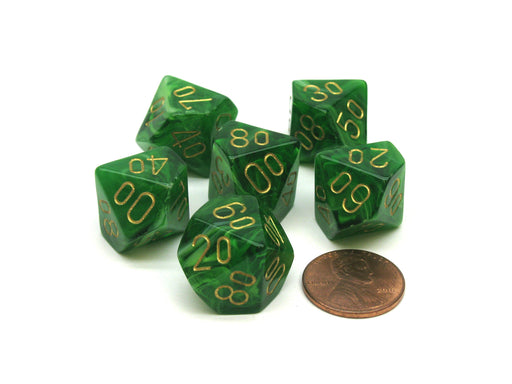Vortex 16mm Tens D10 (00-90) Chessex Dice, 6 Pieces - Green with Gold Numbers