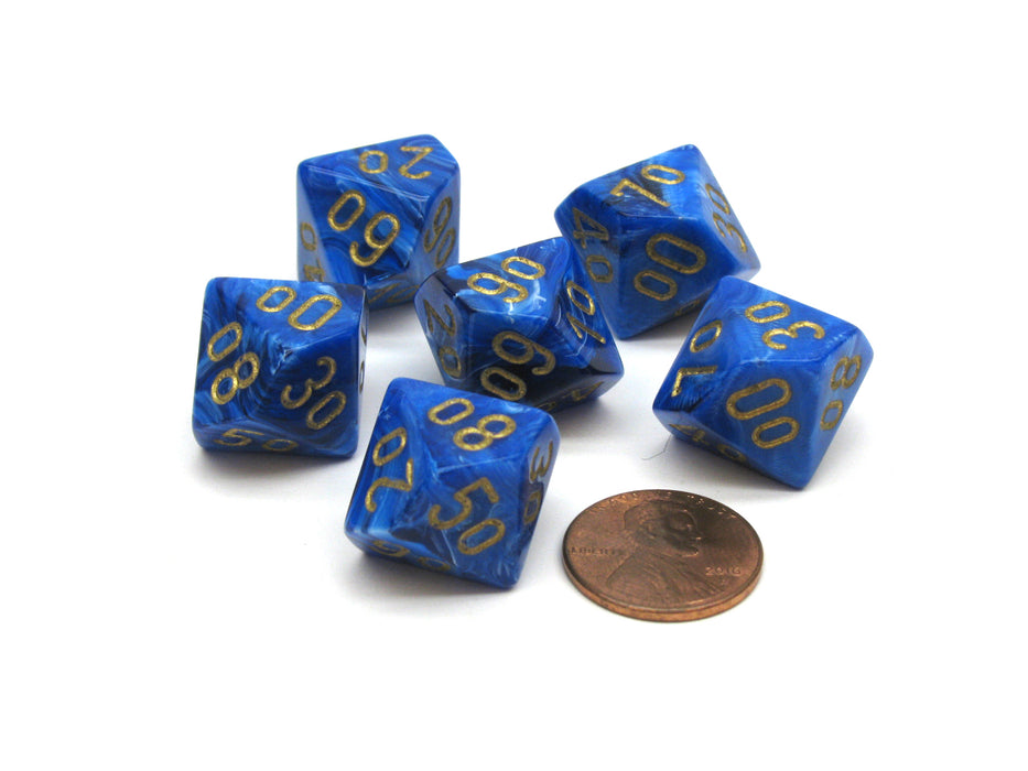 Vortex 16mm Tens D10 (00-90) Chessex Dice, 6 Pieces - Blue with Gold Numbers