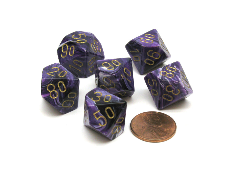 Vortex 16mm Tens D10 (00-90) Chessex Dice, 6 Pieces - Purple with Gold Numbers