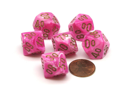 Vortex 16mm Tens D10 (00-90) Chessex Dice, 6 Pieces - Pink with Gold Numbers