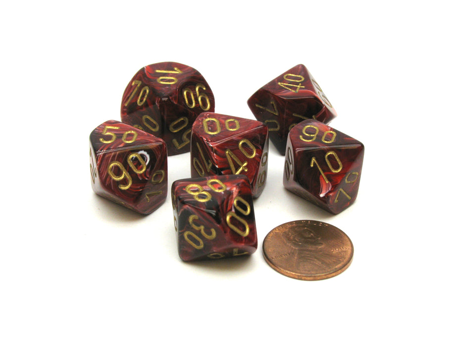 Vortex 16mm Tens D10 (00-90) Chessex Dice, 6 Pieces - Burgundy with Gold Numbers