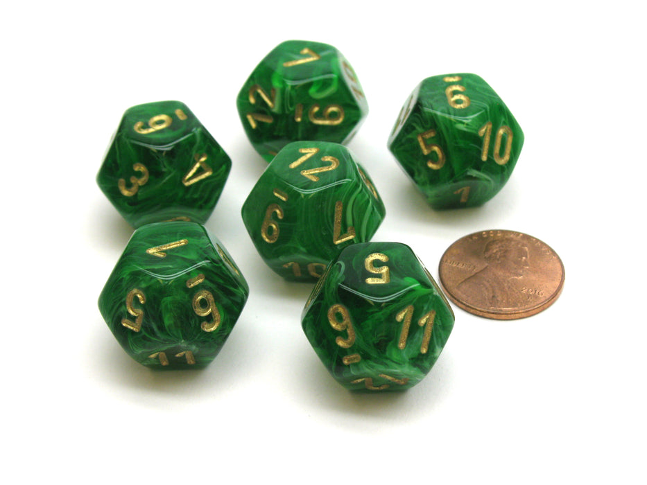 Vortex 18mm 12 Sided D12 Chessex Dice, 6 Pieces - Green with Gold