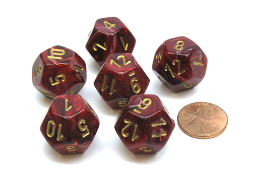 Vortex 18mm 12 Sided D12 Chessex Dice, 6 Pieces - Burgundy with Gold