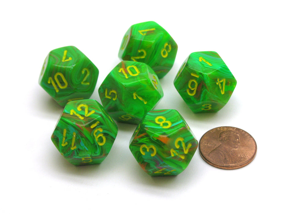 Vortex 18mm 12 Sided D12 Chessex Dice, 6 Pieces - Slime with Yellow