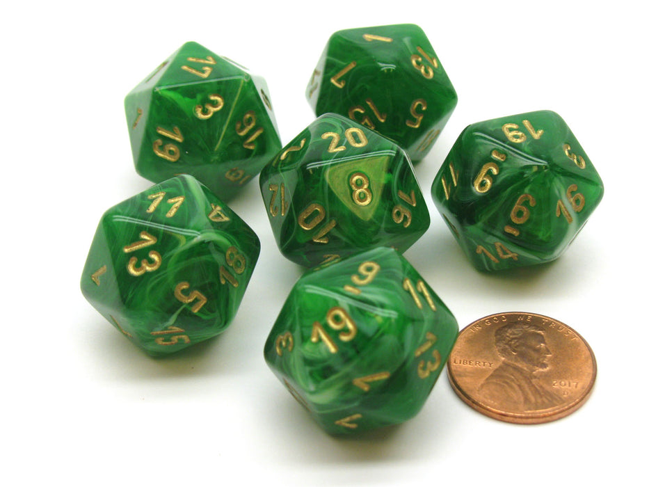 Vortex 20mm 20 Sided D20 Chessex Dice, 6 Pieces - Green with Gold Numbers