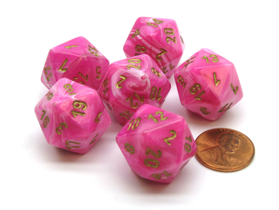 Vortex 20mm 20 Sided D20 Chessex Dice, 6 Pieces - Pink with Gold Numbers
