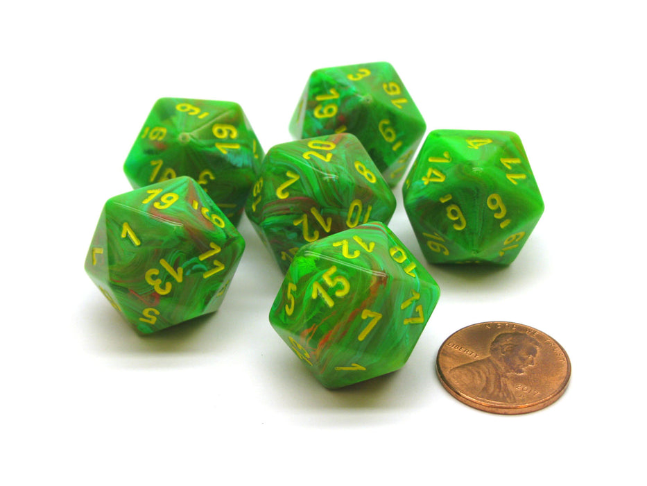 Vortex 20mm 20 Sided D20 Chessex Dice, 6 Pieces - Slime with Yellow Numbers