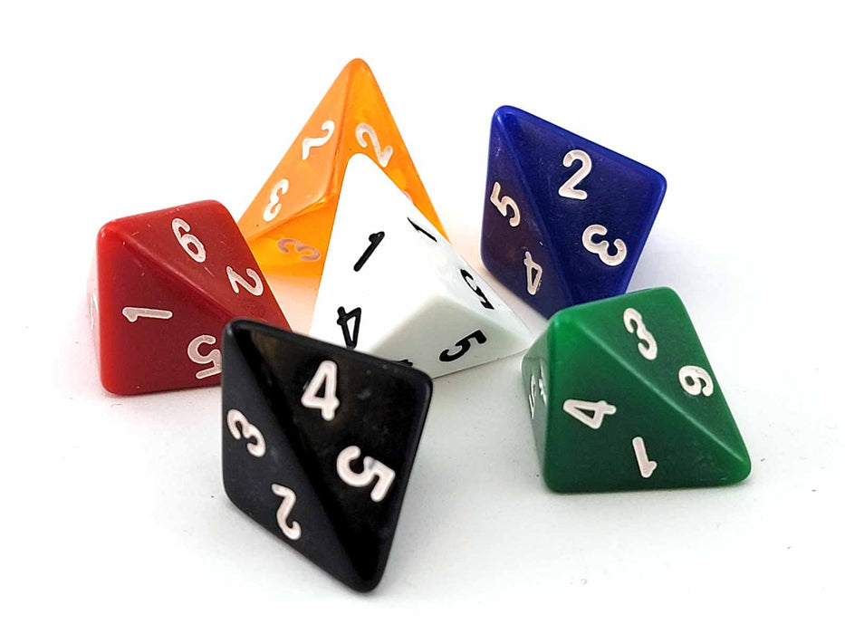 Pyramid D6 Dice, 6 Pieces - Amber, Black, Blue, Green, Red, and White