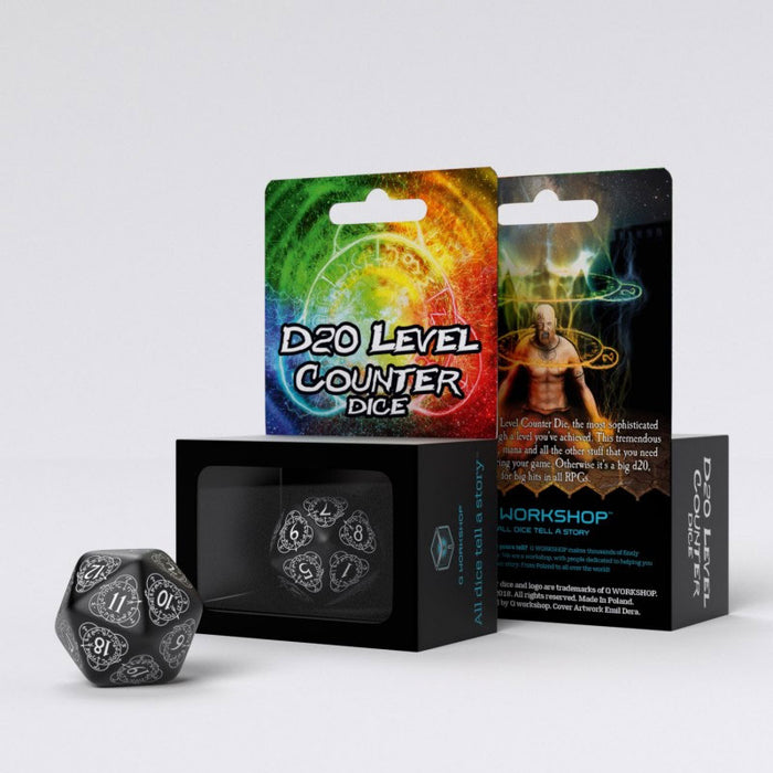 Q-Workshop CG Level Counter D20 Dice - Black with White Etches