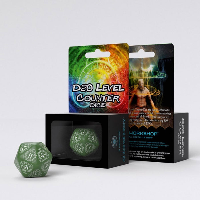 Q-Workshop CG Level Counter D20 Dice - Green with White Etches