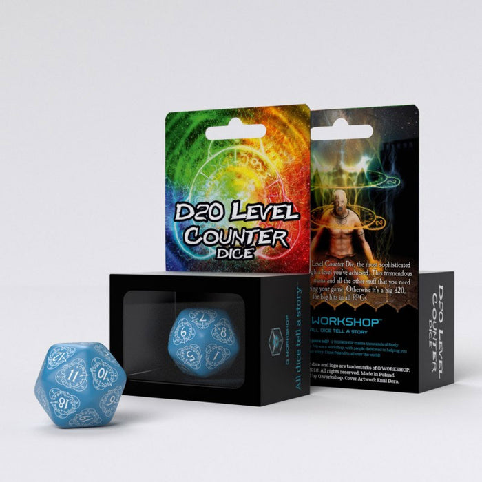Q-Workshop CG Level Counter D20 Dice - Blue with White Etches