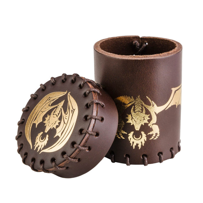 Q-Workshop Dice Cup - Flying Dragon Brown and Golden Leather