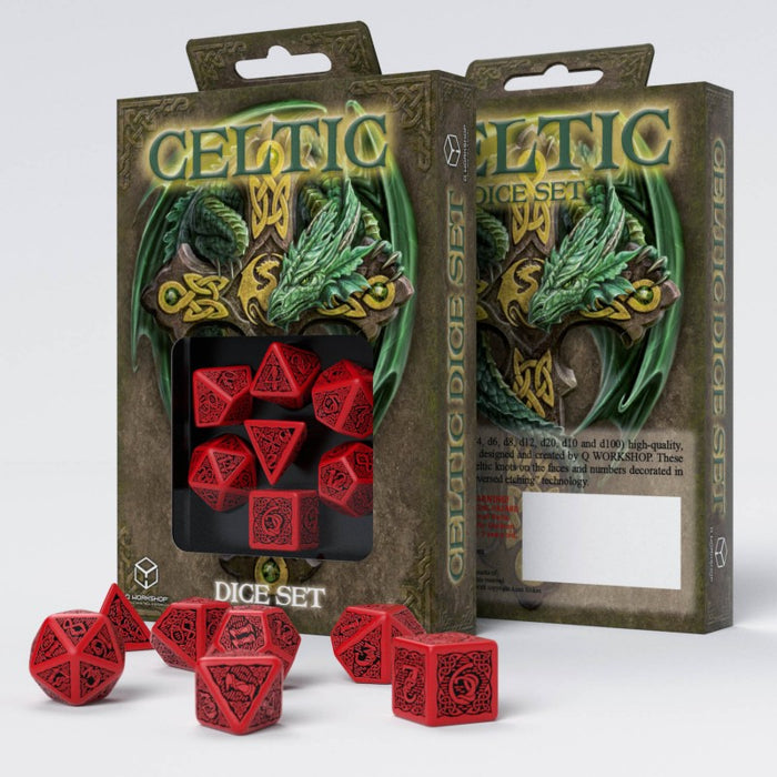 Q-Workshop Celtic Dice Set 3D Red with Black Etches (7 Piece Set)