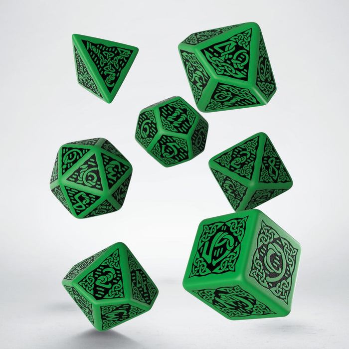 Q-Workshop Celtic Dice Set 3D Green with Black Revised (7 Piece Set)