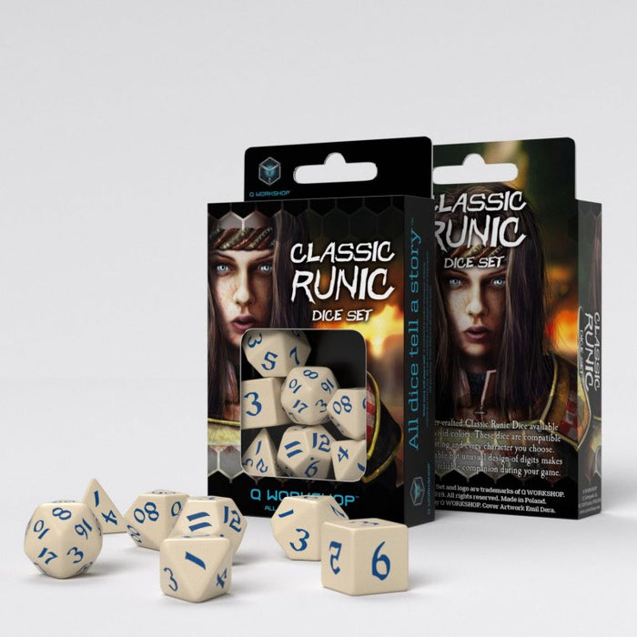Classic Runic 7 Piece Polyhedral Dice Set - Beige & Blue