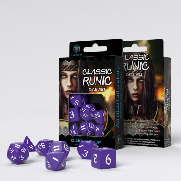 Classic Runic 7 Piece Polyhedral Dice Set - Purple & White
