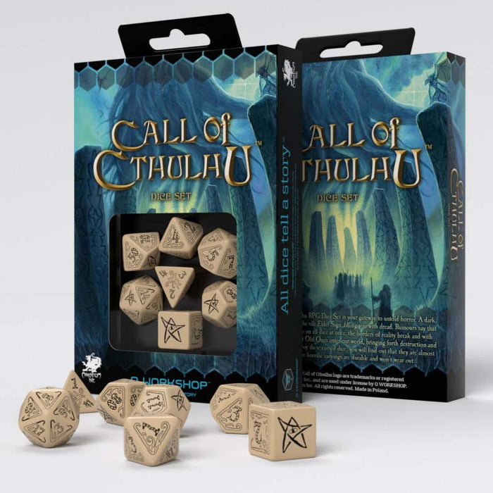 Q-Workshop Call of Cthulhu Dice Set Beige with Black Etches (7 Piece Set)