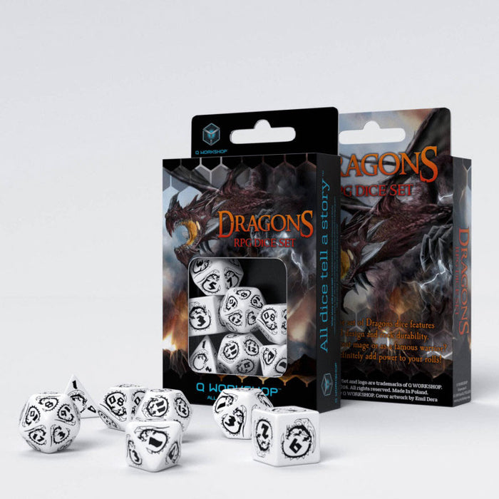 Q-Workshop Dragons Dice Set White with Black Etches (7 Piece Set)
