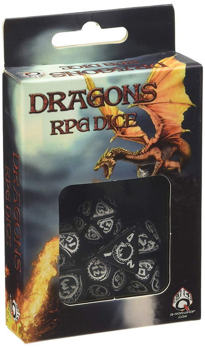 Q-Workshop Dragons Dice Set Black with White Etches (7 Piece Set)