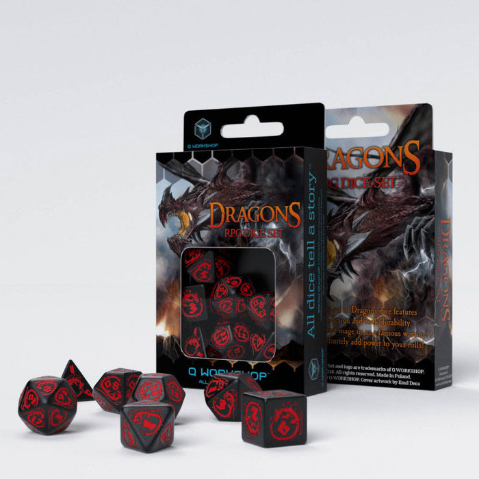 Q-Workshop Dragons Dice Set Black with Red Etches (7 Piece Set)