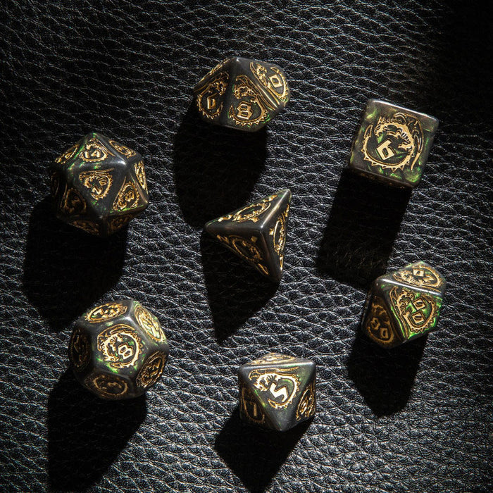 Q-Workshop Dragons Dice Set - Green with Gold Etches (7 Piece Set)