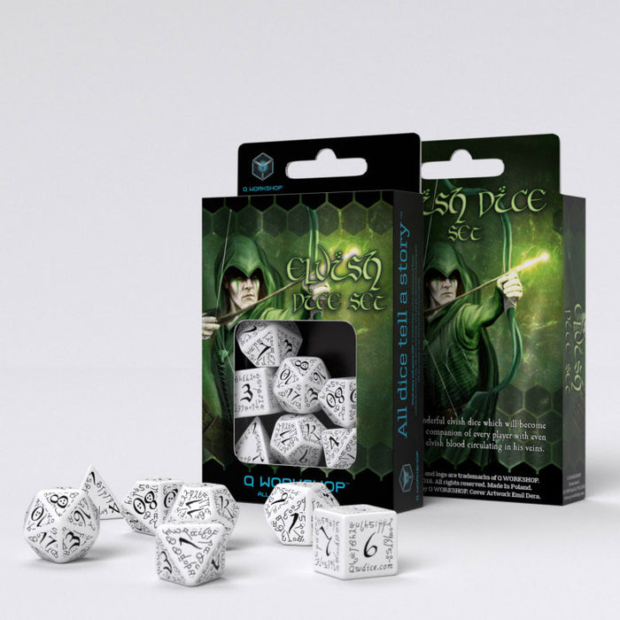 Q-Workshop Elvish Dice Set White with Black Etches (7 Piece Set)
