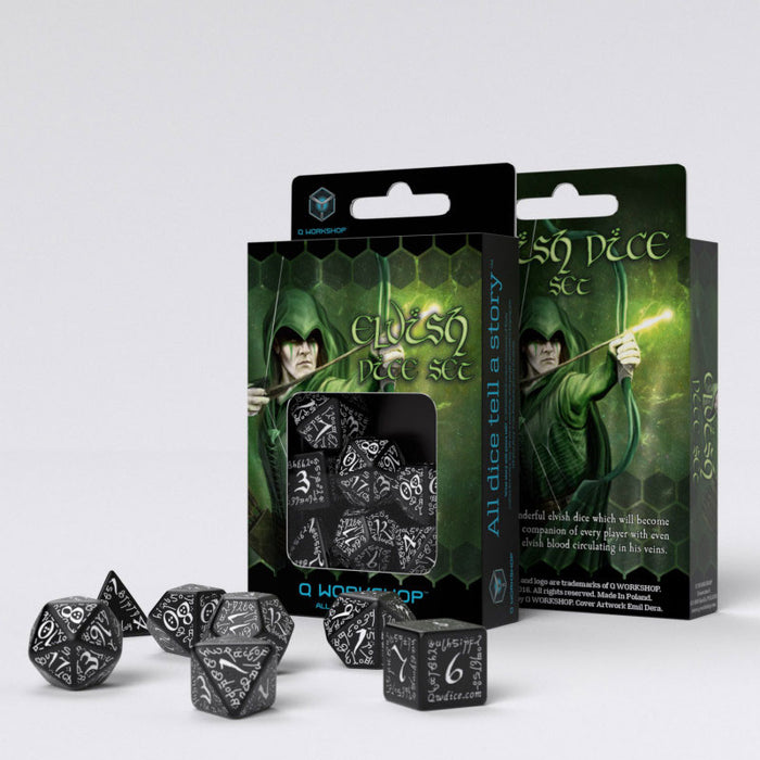 Q-Workshop Elvish Dice Set Black with White Etches (7 Piece Set)