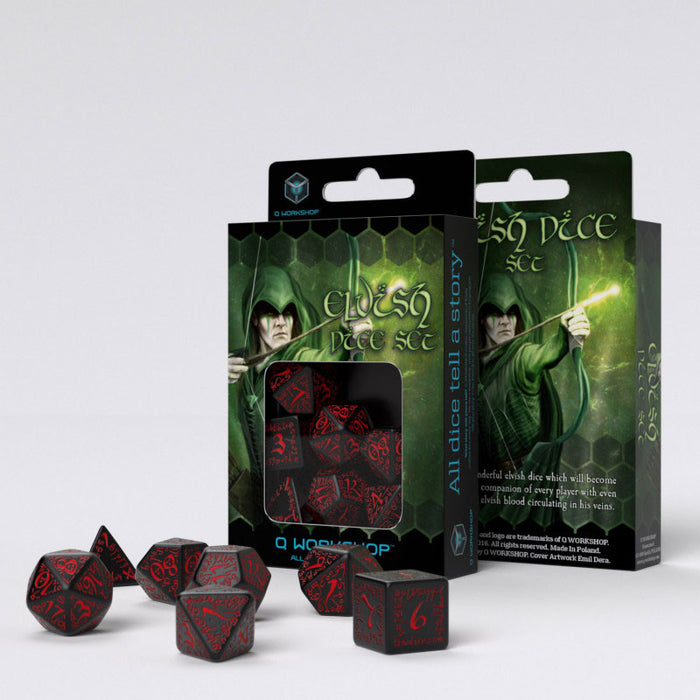 Q-Workshop Elvish Dice Set Black with Red Etches (7 Piece Set)