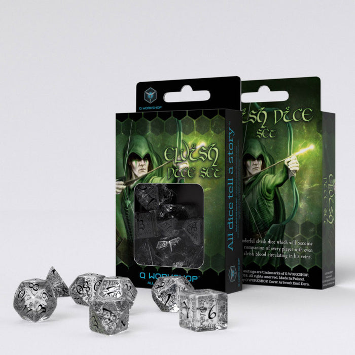 Q-Workshop Elvish Dice Set Translucent with Black Numbers (7 Piece Set)