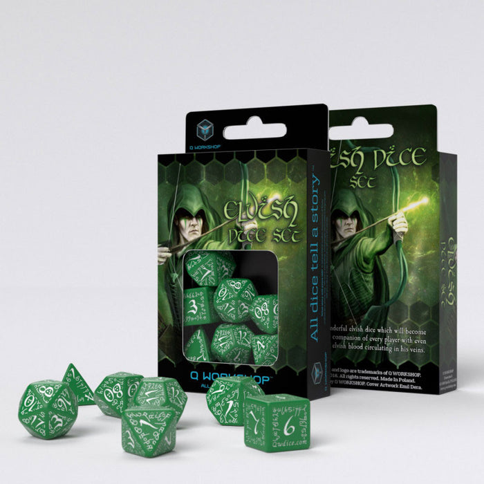 Q-Workshop Elvish Dice Set Green with White Etches (7 Piece Set)