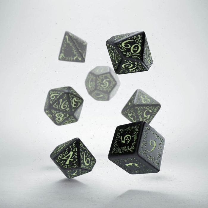 Q-Workshop Elvish Dice Set Black with GlowNDark Etches (7 Piece Set)