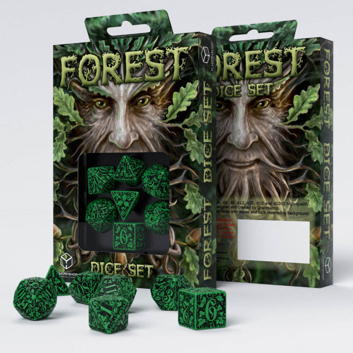 Q-Workshop Forest Dice Set 3D Green with Black Etches (7 Piece Set)