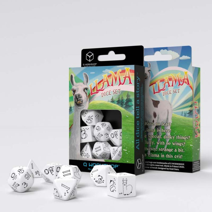 Llama 7 Piece Polyhedral RPG Dice Set - Bright White with Black Numbers