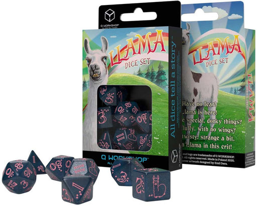 Llama 7 Piece Polyhedral RPG Dice Set - Sparkling, Glittering Dark Blue with Pink Numbers