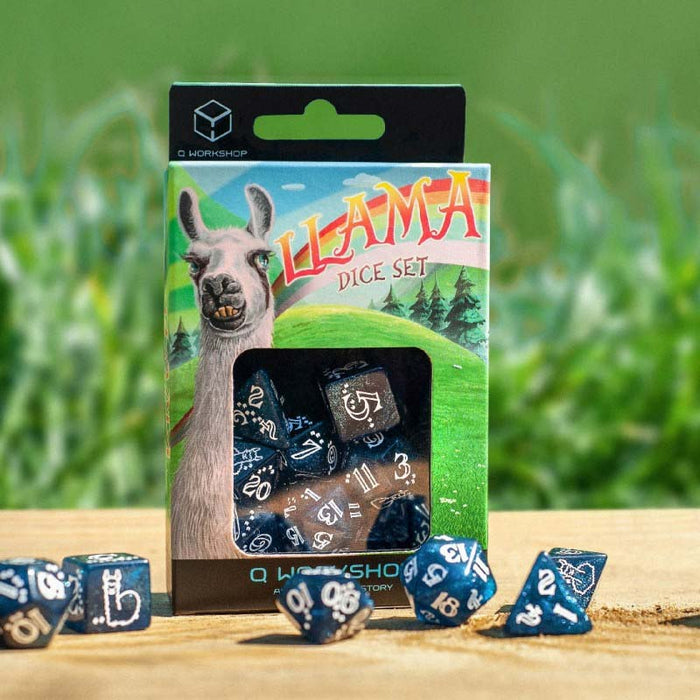 Llama 7 Piece Polyhedral RPG Dice Set - Shimmering, Glittering Dark Blue with White Numbers