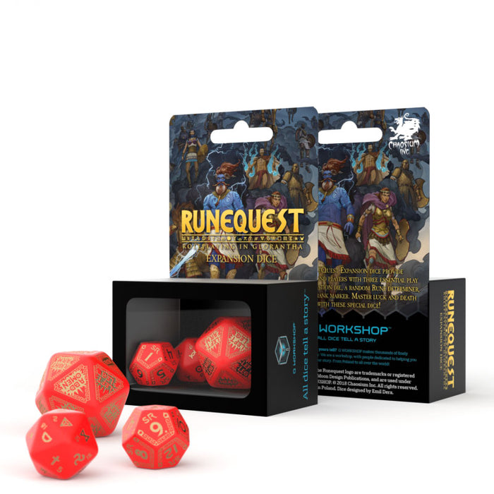 Q-Workshop RuneQuest Red & Gold Expansion Dice (3)-d20 Hit,d20 Random,d12 Strike