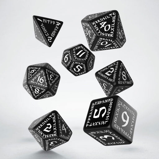 Q-Workshop Runic Dice Set Black with White Etches (7 Pieces Set)