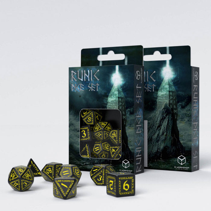 Q-Workshop Runic Dice Set Black with Yellow Etches (7 Pieces Set)