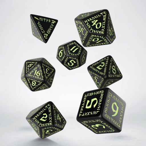Q-Workshop Runic Dice Set Black with Glow-in-the-Dark Etches (7 Pieces Set)