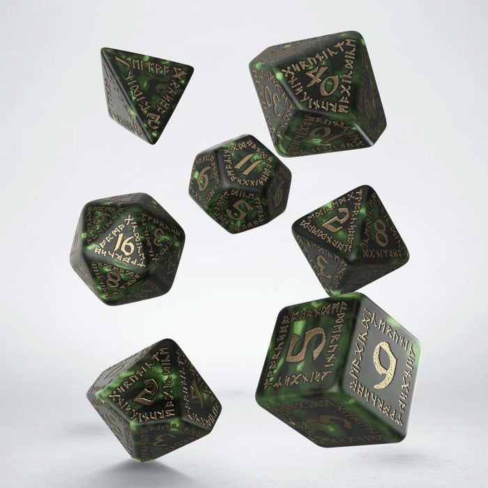 Runic 7-Piece Polyhedral Dice Set - Green with Gold Etches