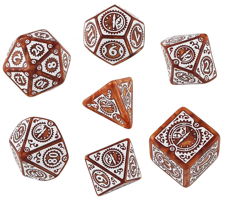 Q-Workshop Steampunk Clockwork Dice Set Caramel with White Etches (7 Piece Set)