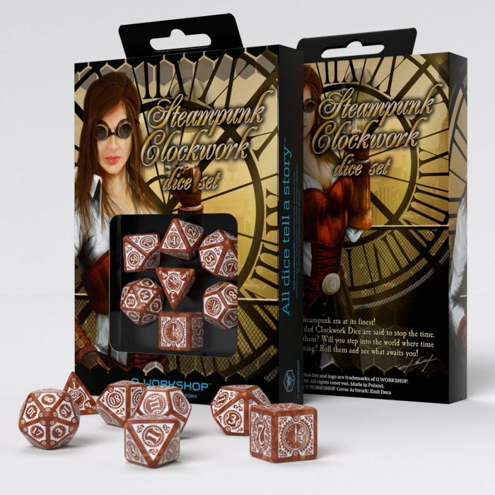 Q-Workshop Steampunk Clockwork Dice Set Caramel with White Etches (7 Piece Set)