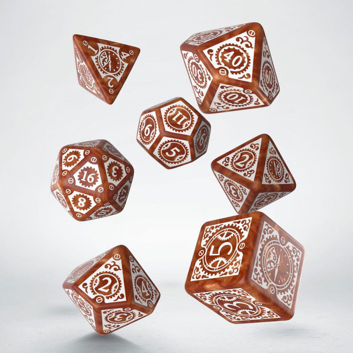 Q-Workshop Steampunk Clockwork Dice Set Caramel with White Etches (7 Piece Set)