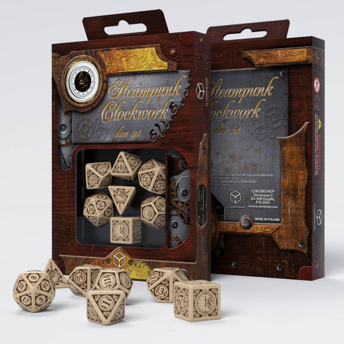 Q-Workshop Steampunk Clockwork Dice Set Beige with Brown Etches (7 Piece Set)