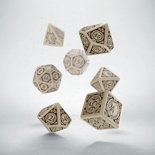 Q-Workshop Steampunk Clockwork Dice Set Beige with Brown Etches (7 Piece Set)